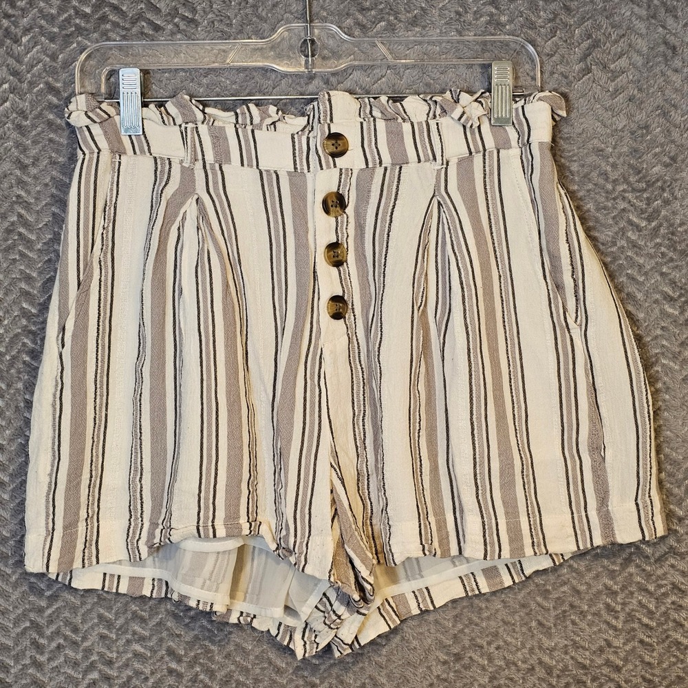 American Eagle Striped Paperbag Waist Shorts Womens Medium Cream Grey‎ Viscose